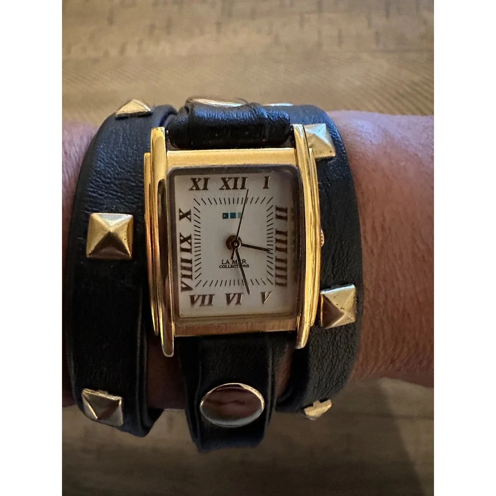 La Mer Collections Gold Studded Black Leather Wrap Watch by Martine Ilana